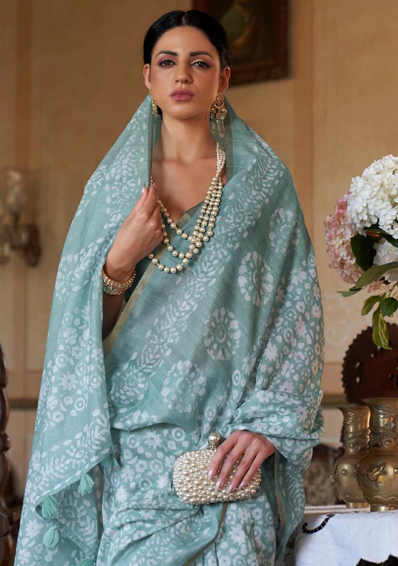 Green Printed Georgette Saree Set