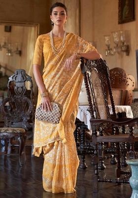 Yellow Printed Georgette Saree Set