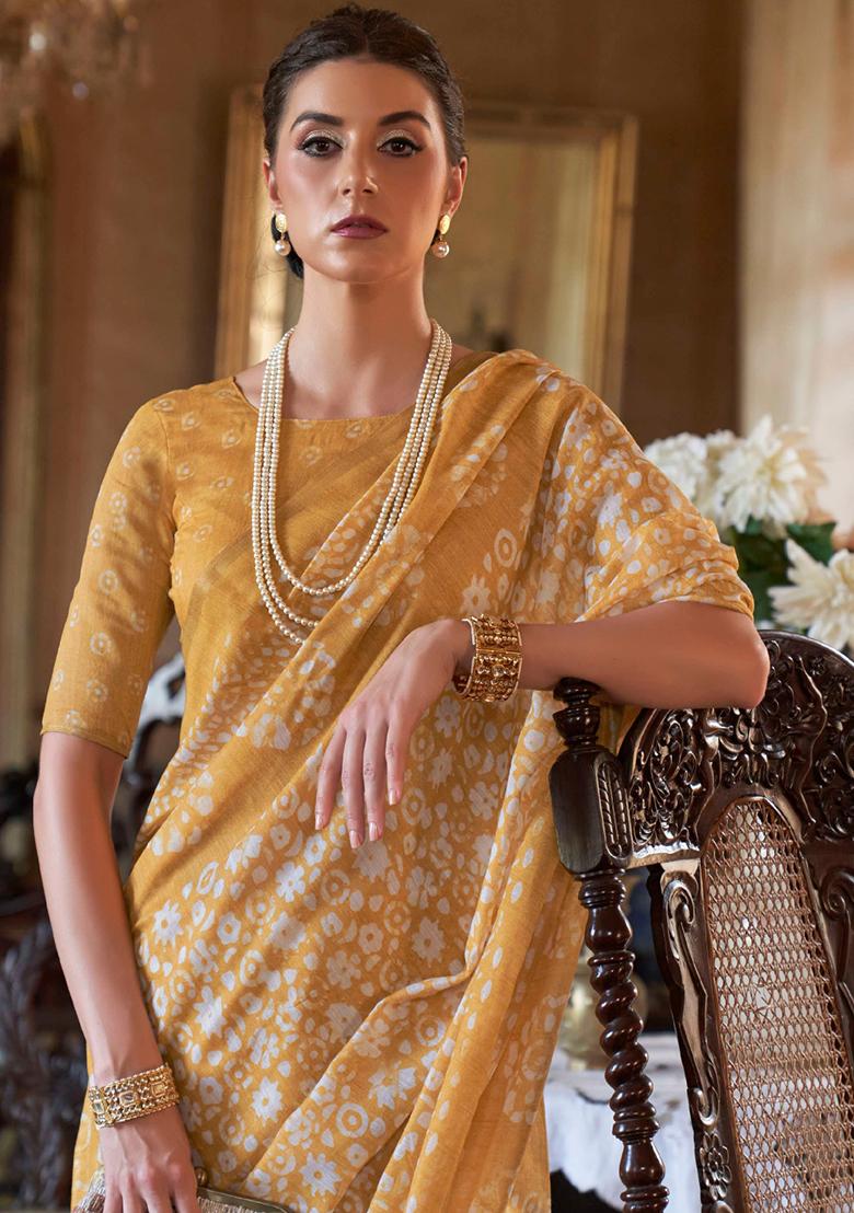 Yellow Printed Georgette Saree Set