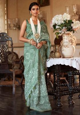 Green Printed Georgette Saree Set