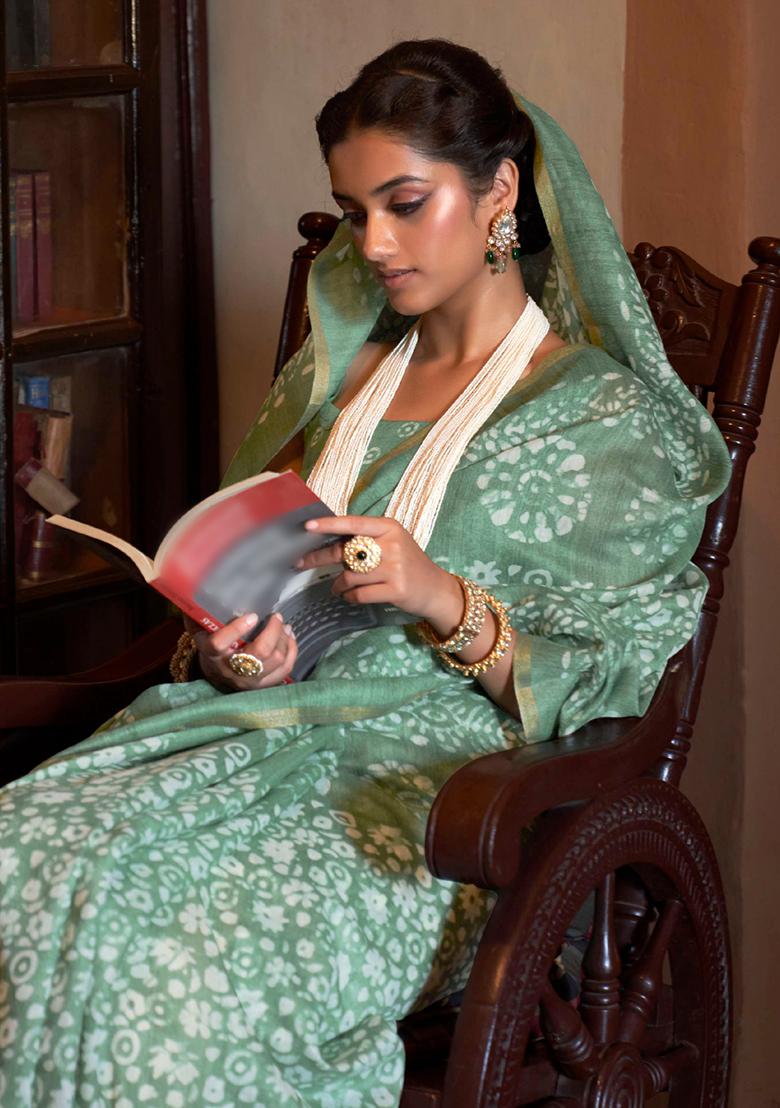 Green Printed Georgette Saree Set