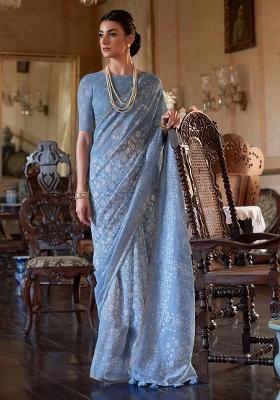 Blue Printed Georgette Saree Set
