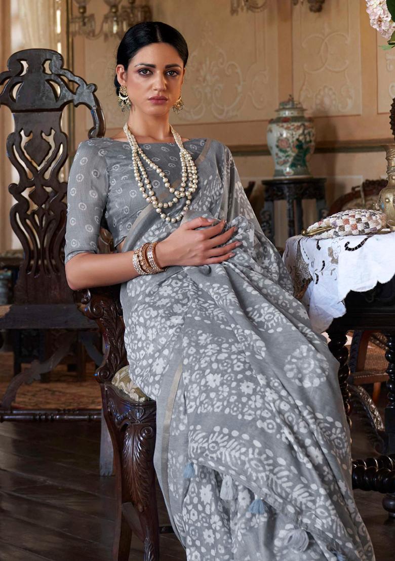 Grey Printed Georgette Saree Set
