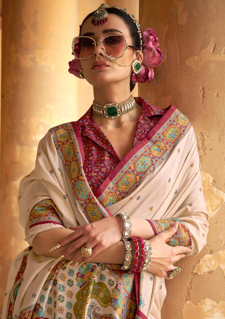 White Printed Georgette Saree Set