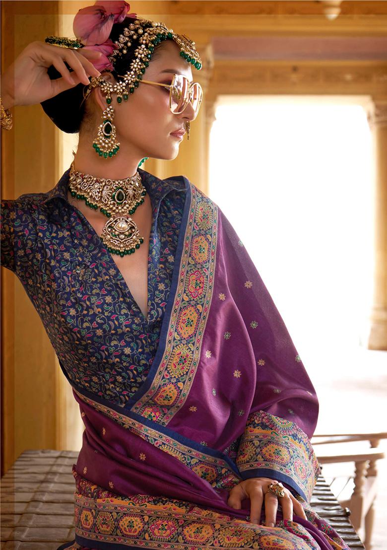 Purple Printed Georgette Saree Set