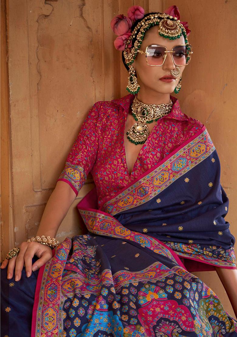 Purple Printed Georgette Saree Set