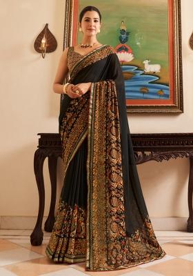 Black Printed Georgette Saree Set