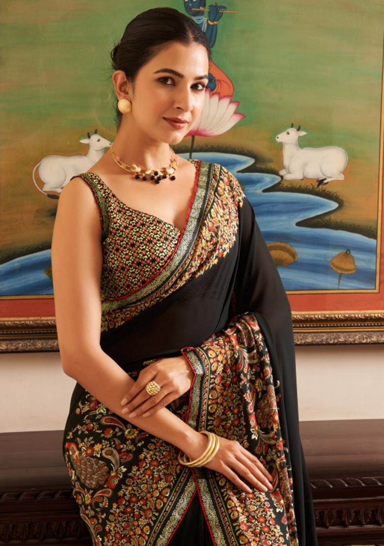Black Printed Georgette Saree Set