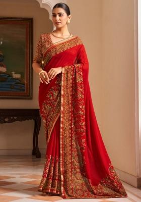 Red Printed Georgette Saree Set