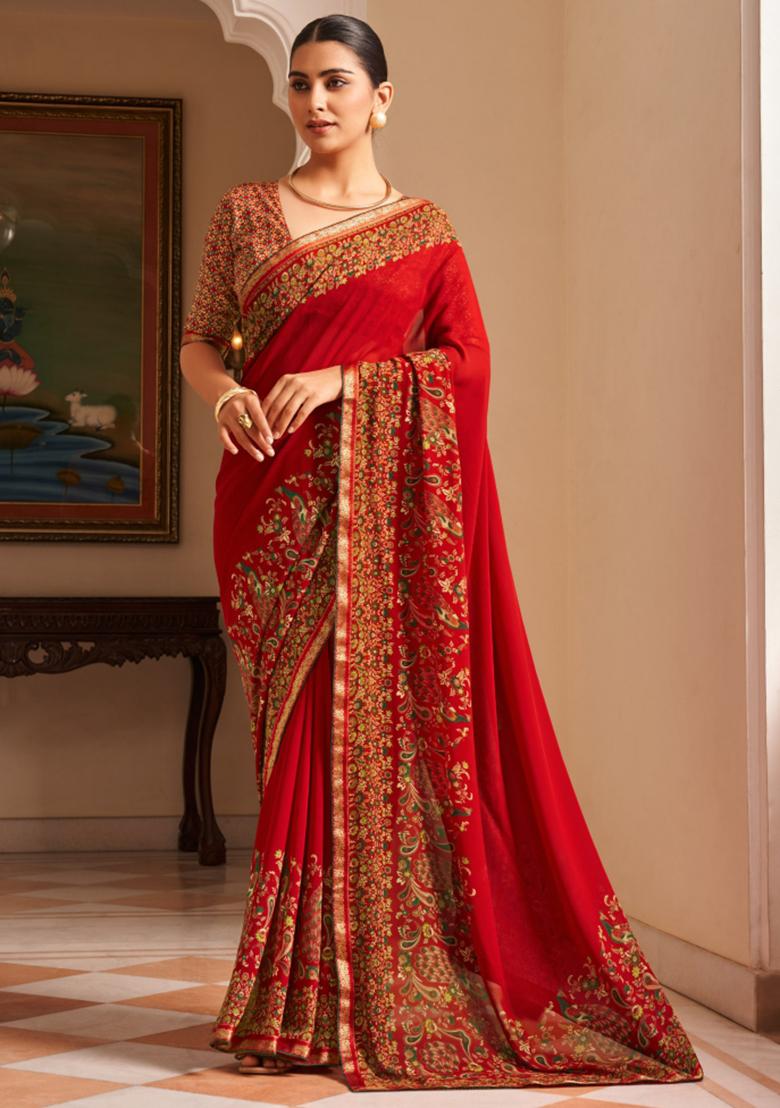 Red Printed Georgette Saree Set