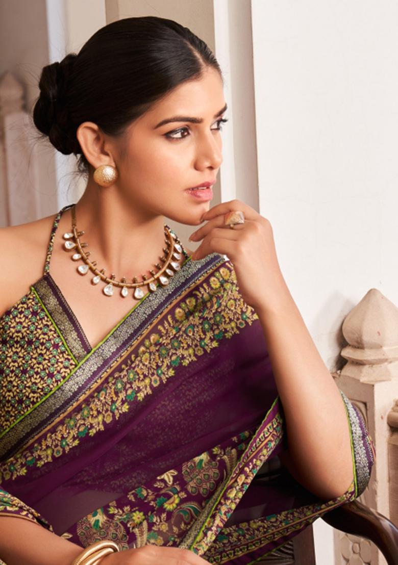 Purple Printed Georgette Saree Set