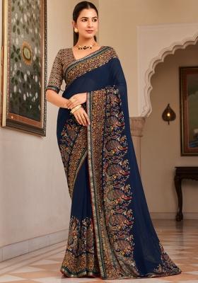 Blue Printed Georgette Saree Set