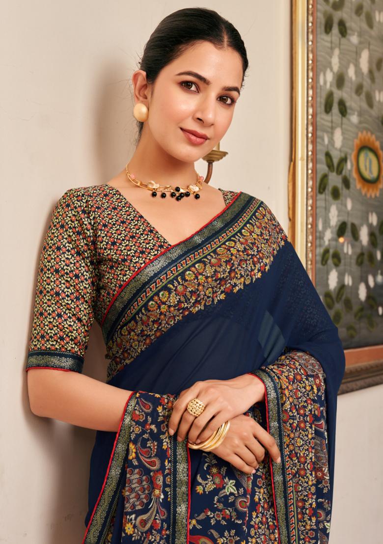 Blue Printed Georgette Saree Set