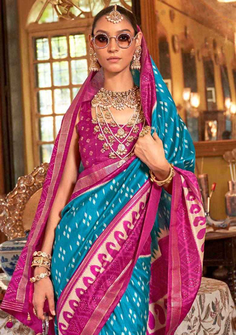 Blue Printed Georgette Saree Set