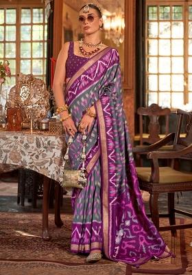 Purple Printed Georgette Saree Set