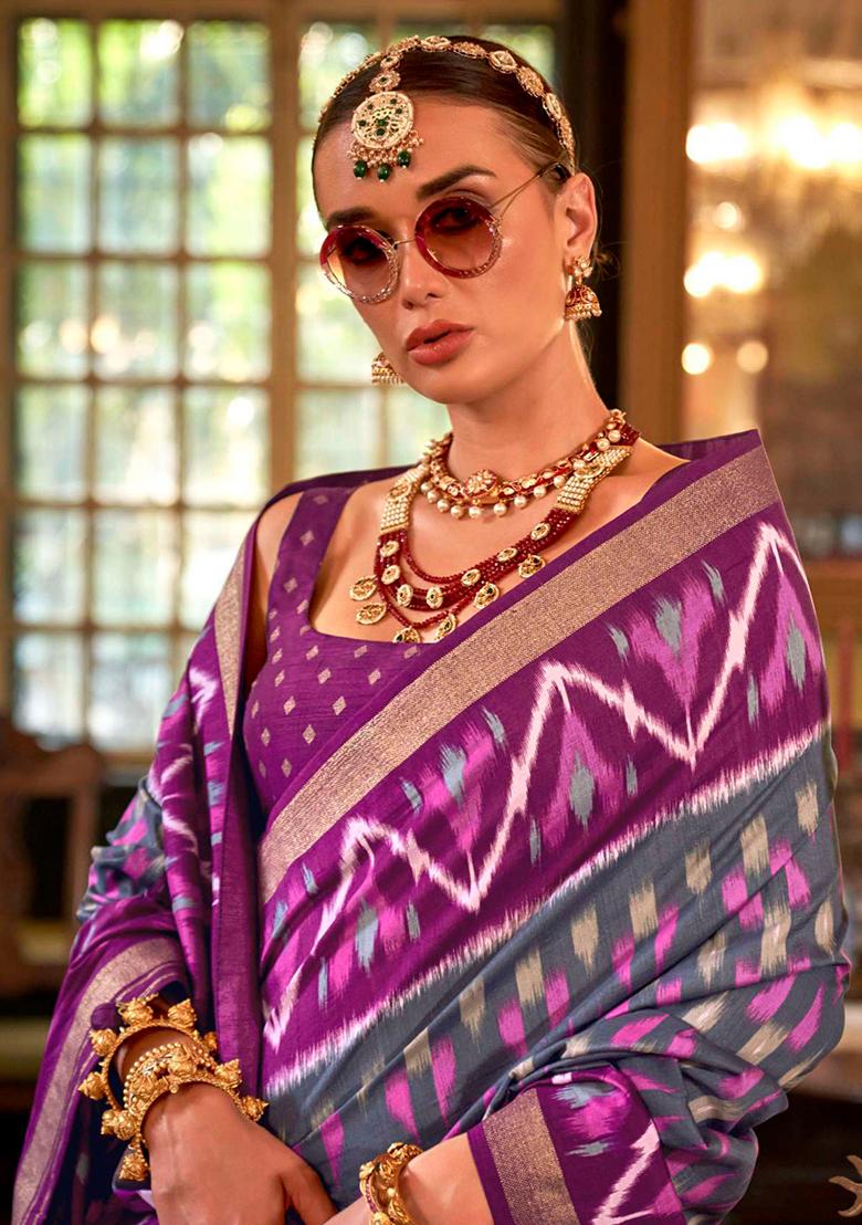 Purple Printed Georgette Saree Set