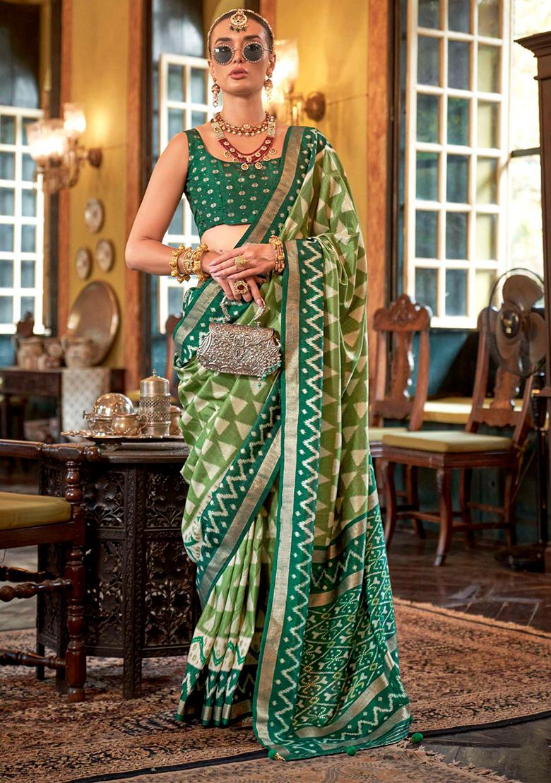 Green Printed Georgette Saree Set