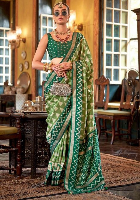 Green Printed Georgette Saree Set
