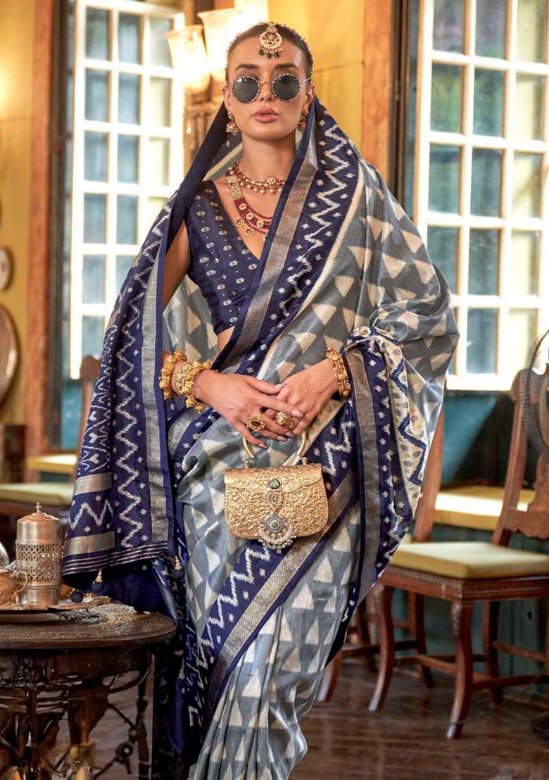 Grey Printed Georgette Saree Set