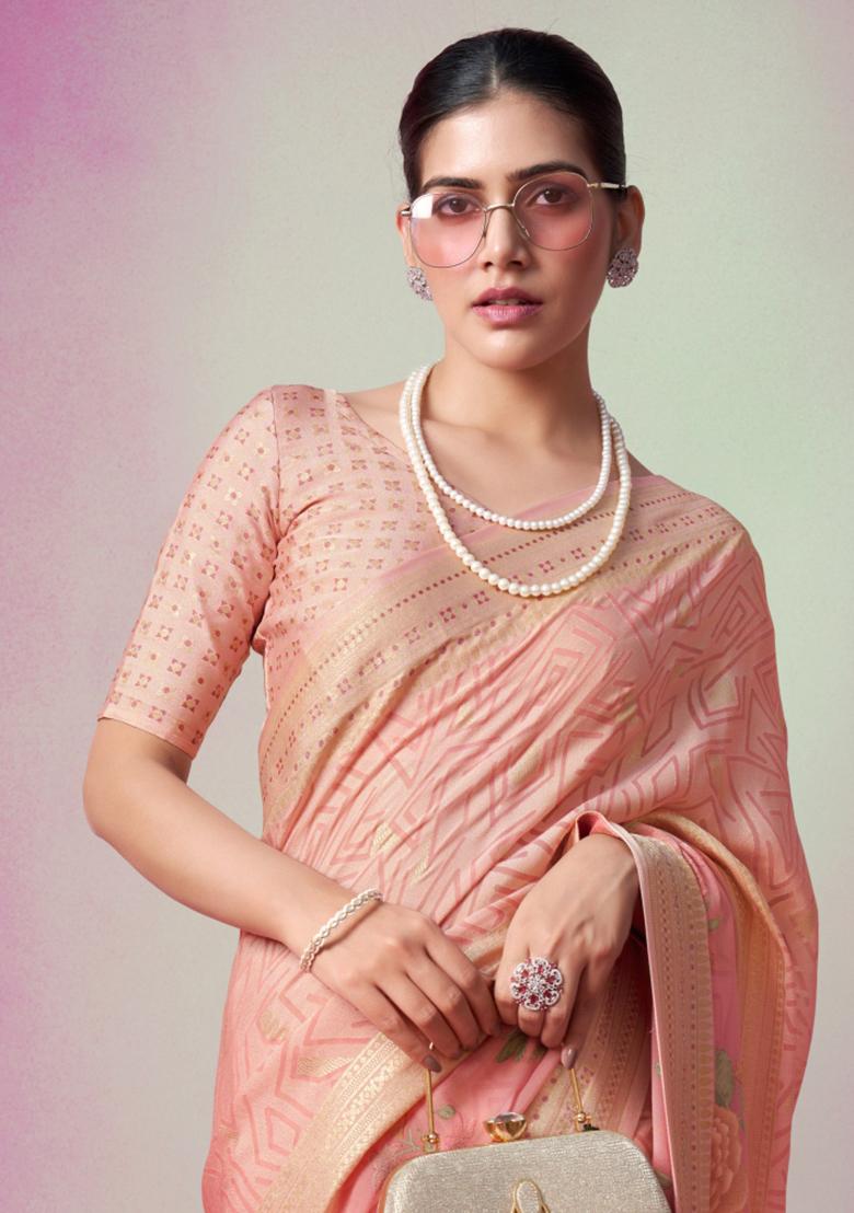 Peach Printed Georgette Saree Set