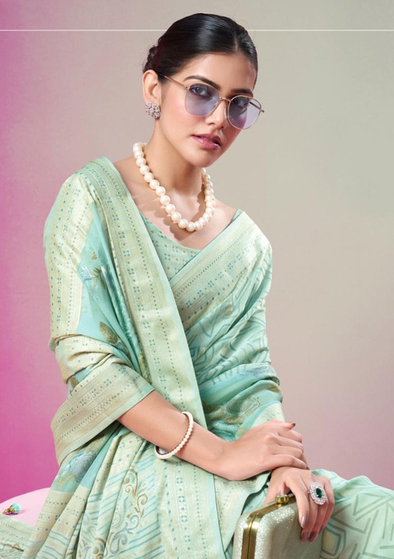 Green Printed Georgette Saree Set