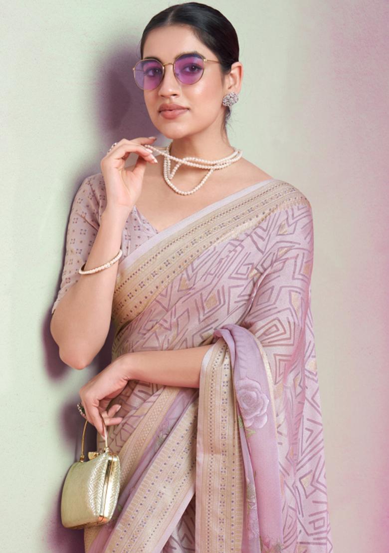 Purple Printed Georgette Saree Set