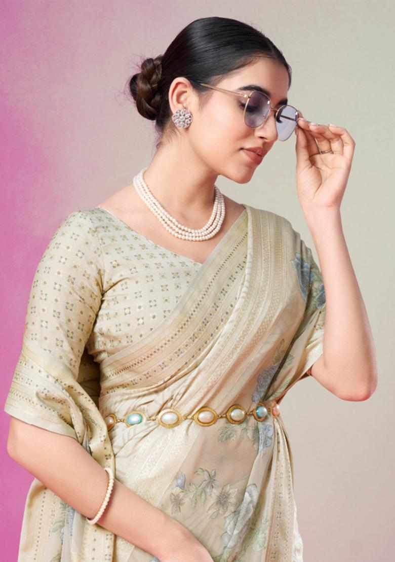 Gold Printed Georgette Saree Set