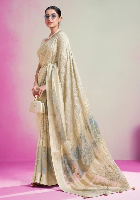 Gold Printed Georgette Saree Set