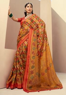Yellow Printed Georgette Saree Set