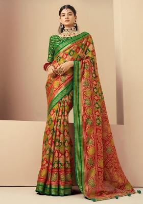 Green Printed Georgette Saree Set