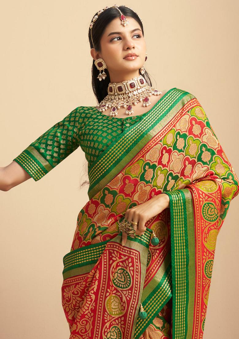 Green Printed Georgette Saree Set