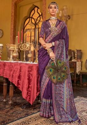 Purple Printed Georgette Saree Set