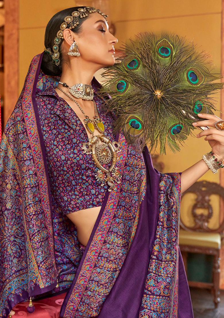 Purple Printed Georgette Saree Set