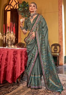 Green Printed Georgette Saree Set