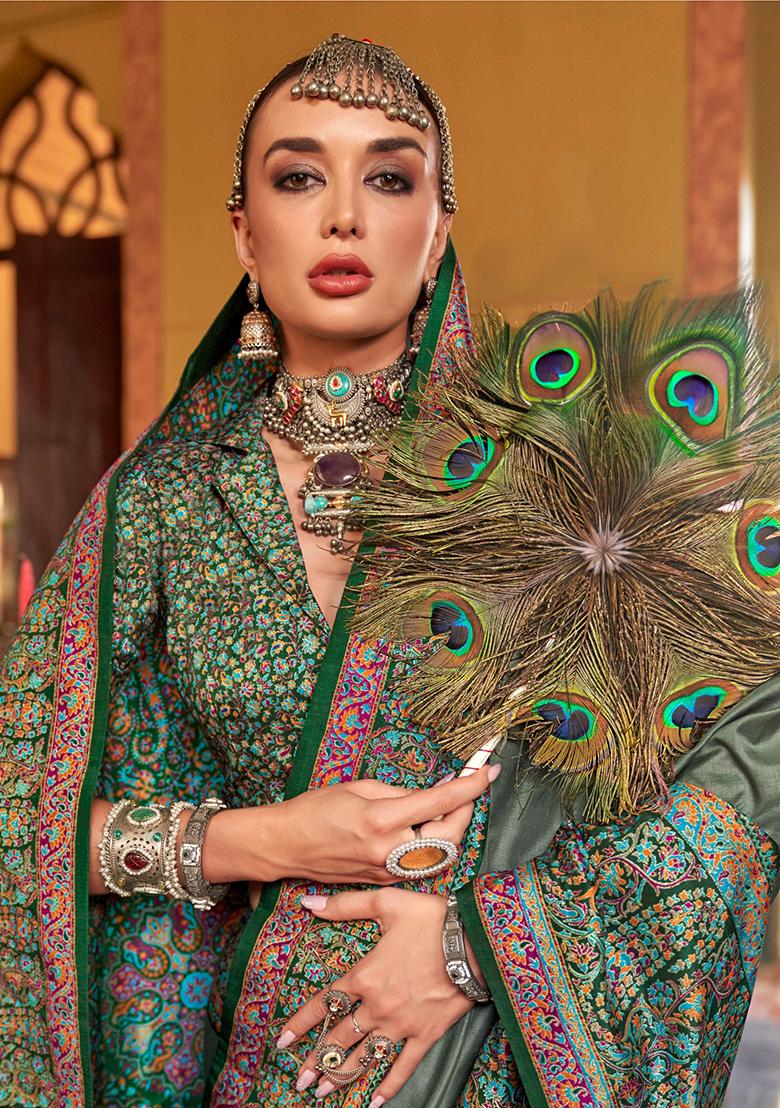 Green Printed Georgette Saree Set