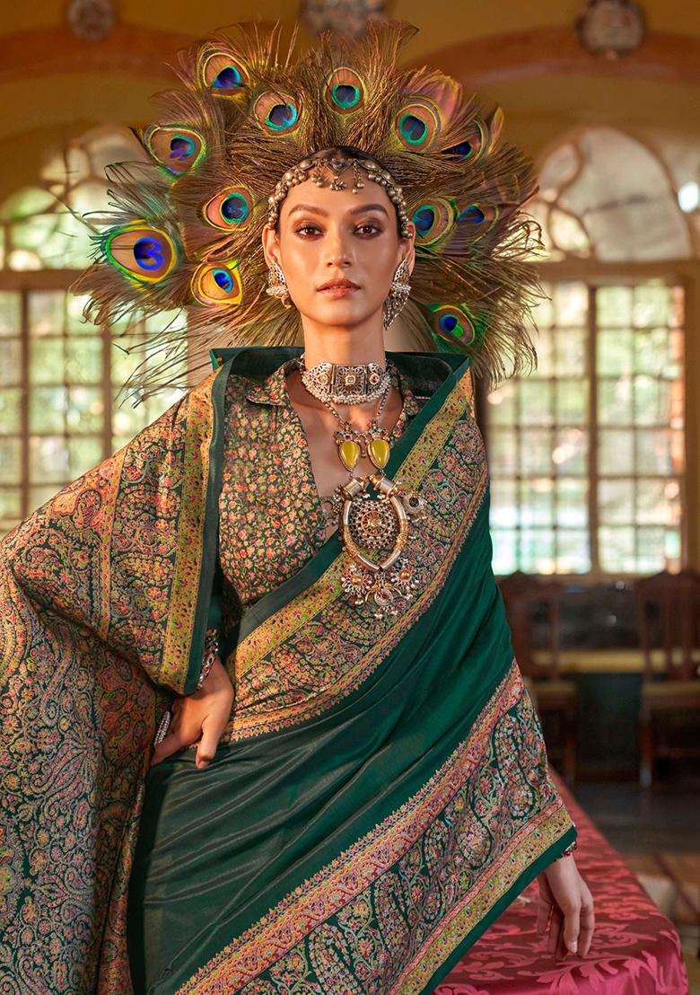 Green Printed Georgette Saree Set