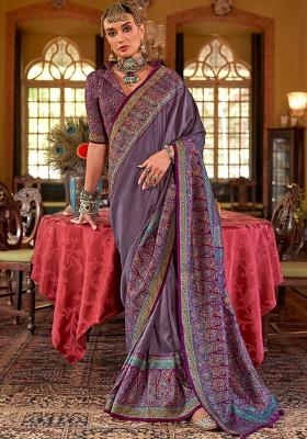 Purple Printed Georgette Saree Set