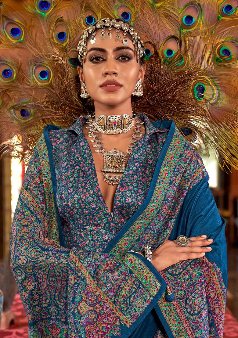 Blue Printed Georgette Saree Set