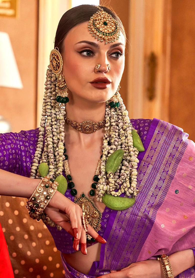 Purple Printed Georgette Saree Set