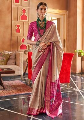 Beige Printed Georgette Saree Set