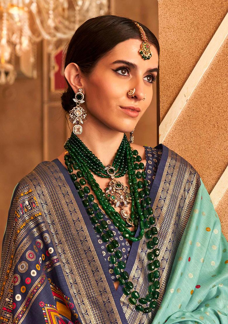 Green Printed Georgette Saree Set