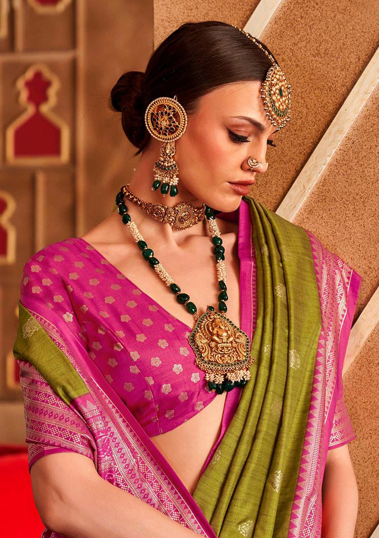 Green Printed Georgette Saree Set