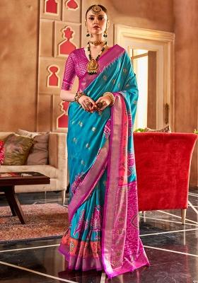 Blue Printed Georgette Saree Set