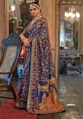 Blue Printed Georgette Saree Set