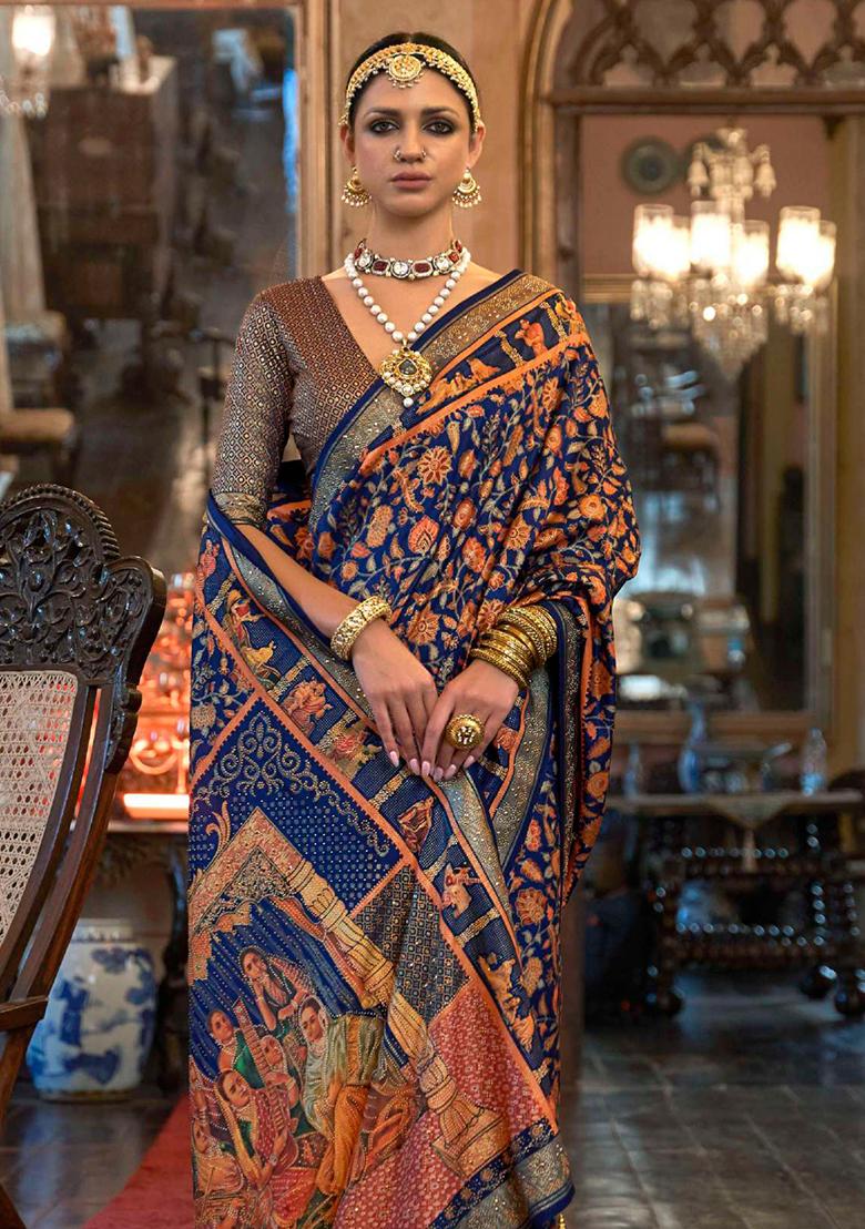 Blue Printed Georgette Saree Set