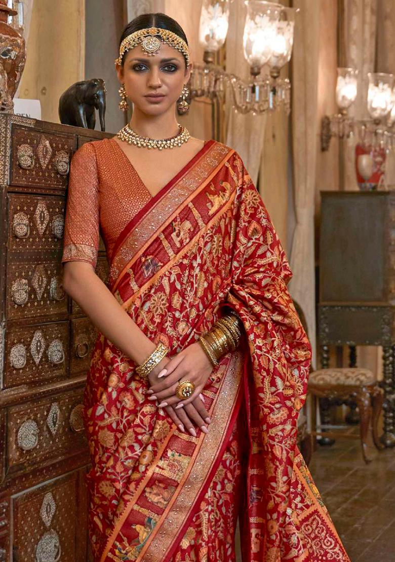 Red Printed Georgette Saree Set