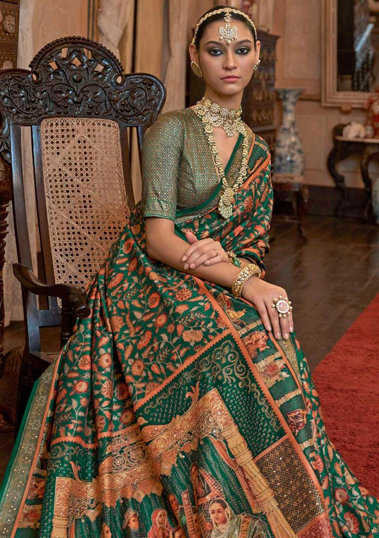 Green Printed Georgette Saree Set