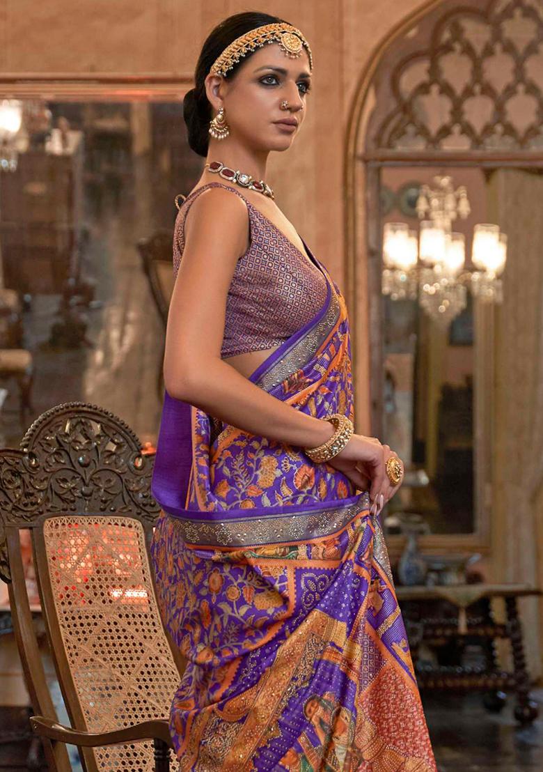 Purple Printed Georgette Saree Set