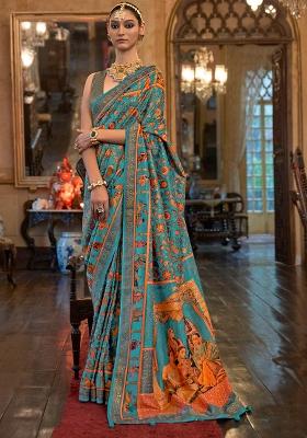 Green Printed Georgette Saree Set