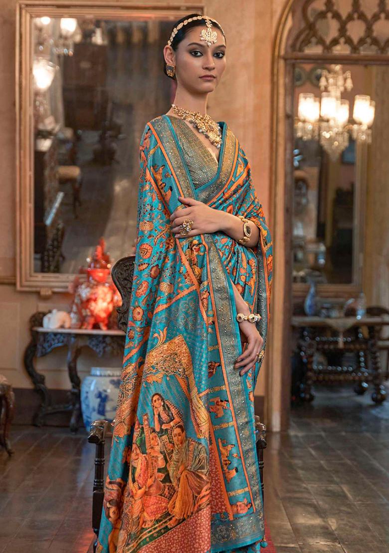Green Printed Georgette Saree Set